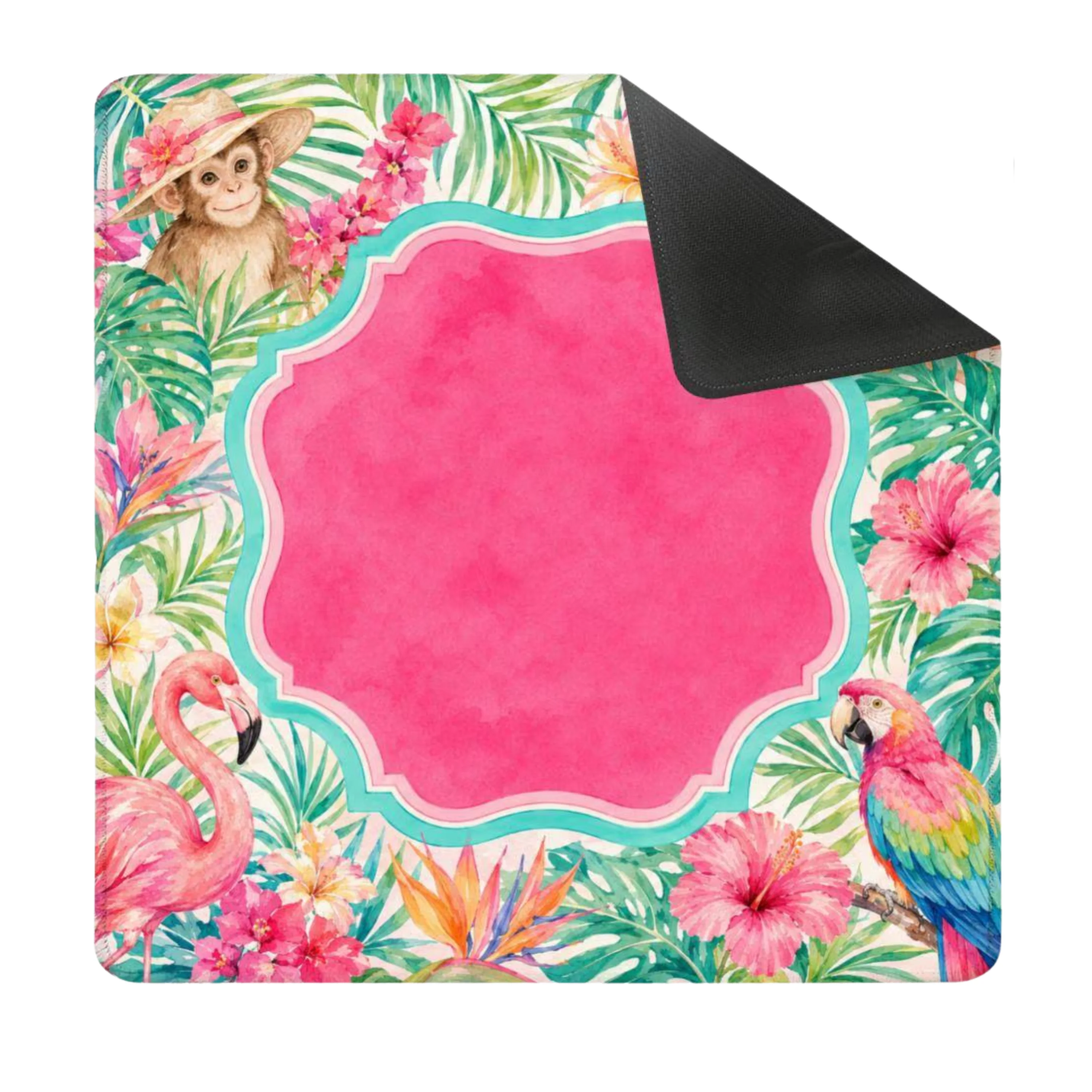 Mahjong Mat 31.5"x31.5" (Ship Rolled up) - Tropical Palm Beach Mahjong Mat with Flamingo, Tiger, Monkey and Parrot Design