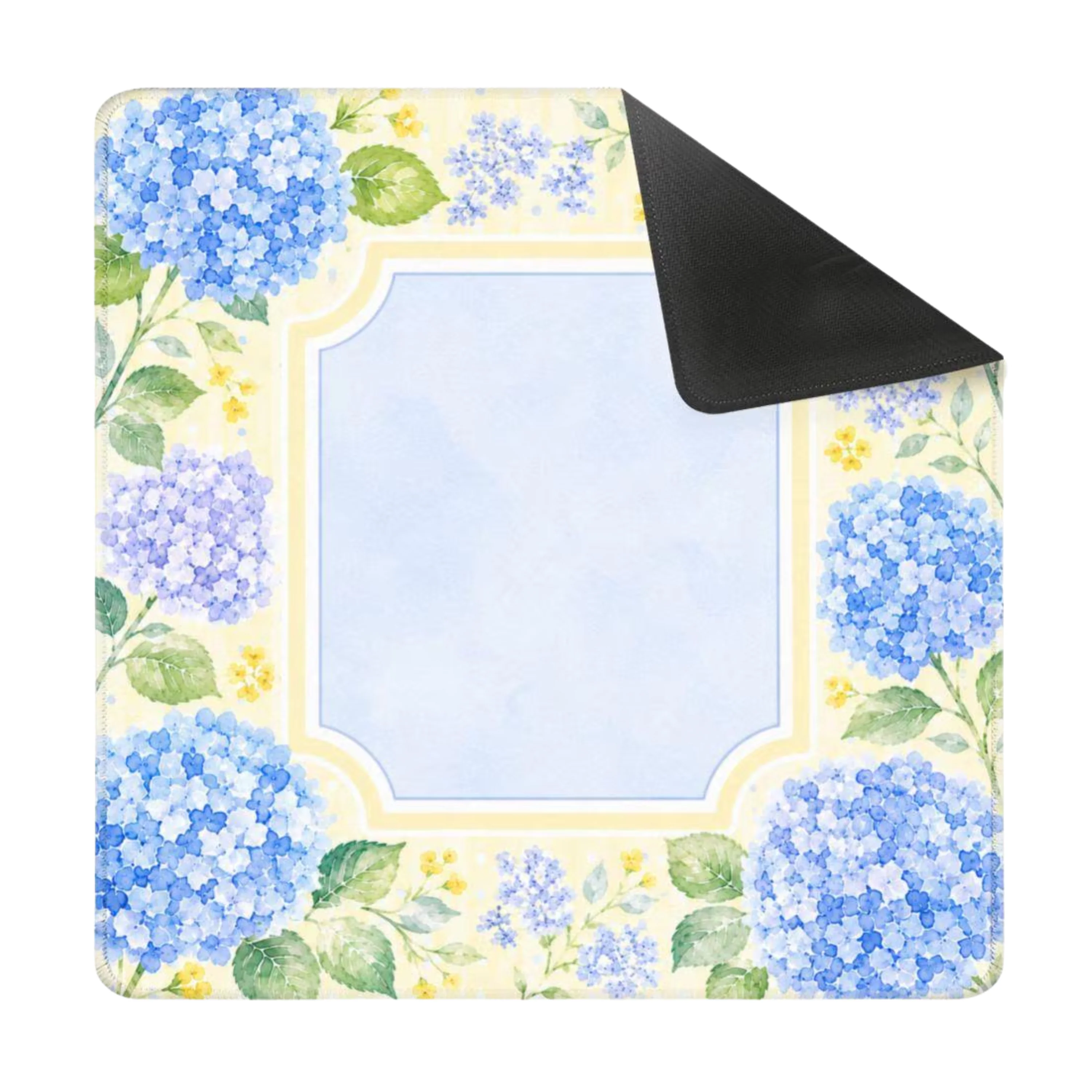 Mahjong Mat 31.5"x31.5" (Ship Rolled up) - Blue Hydrangea Mahjong Mat with Soft Yellow Floral Border