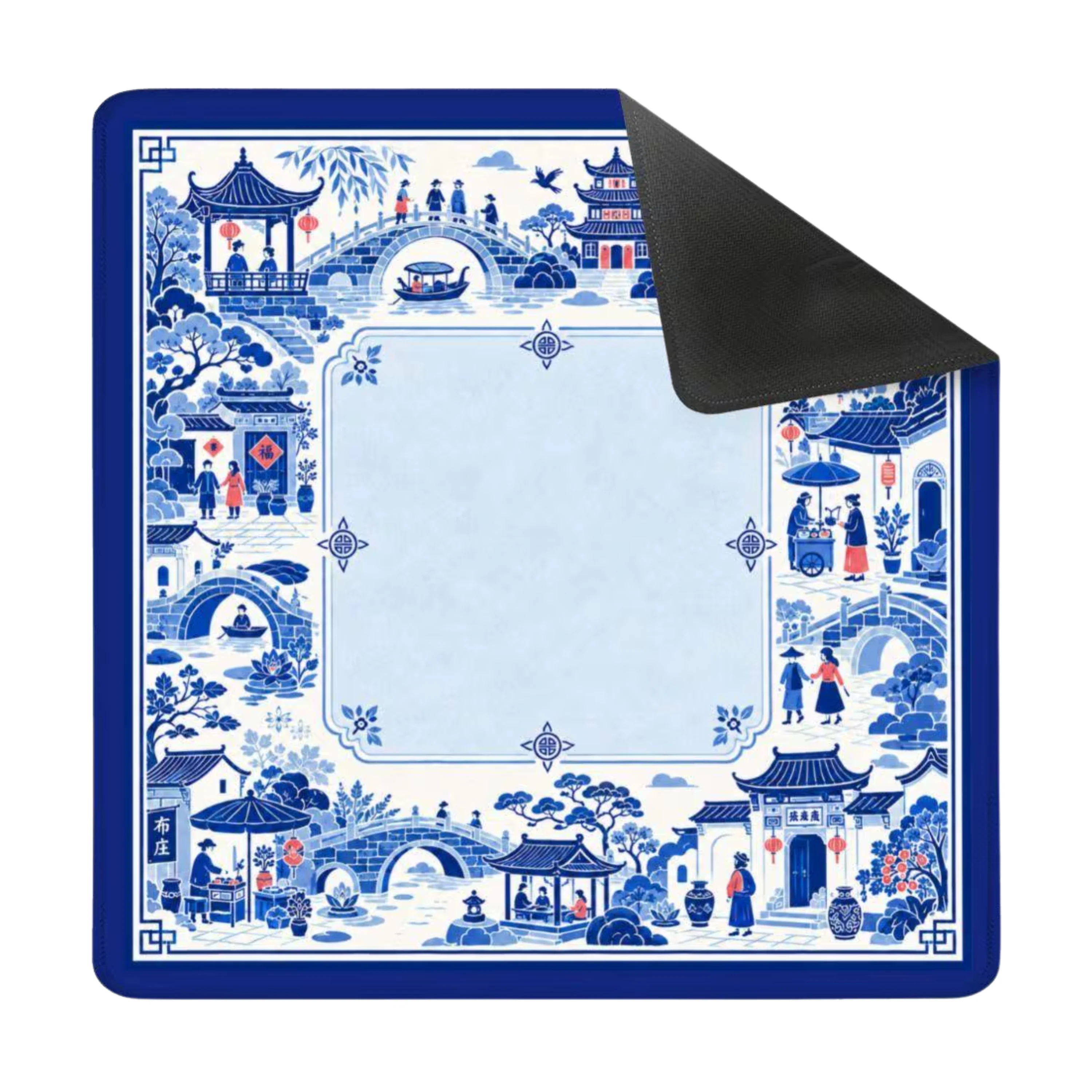 Mahjong Mat 31.5"x31.5" (Ship Rolled up) - Blue Chinoiserie Mahjong Mat with Chinese Village Scene