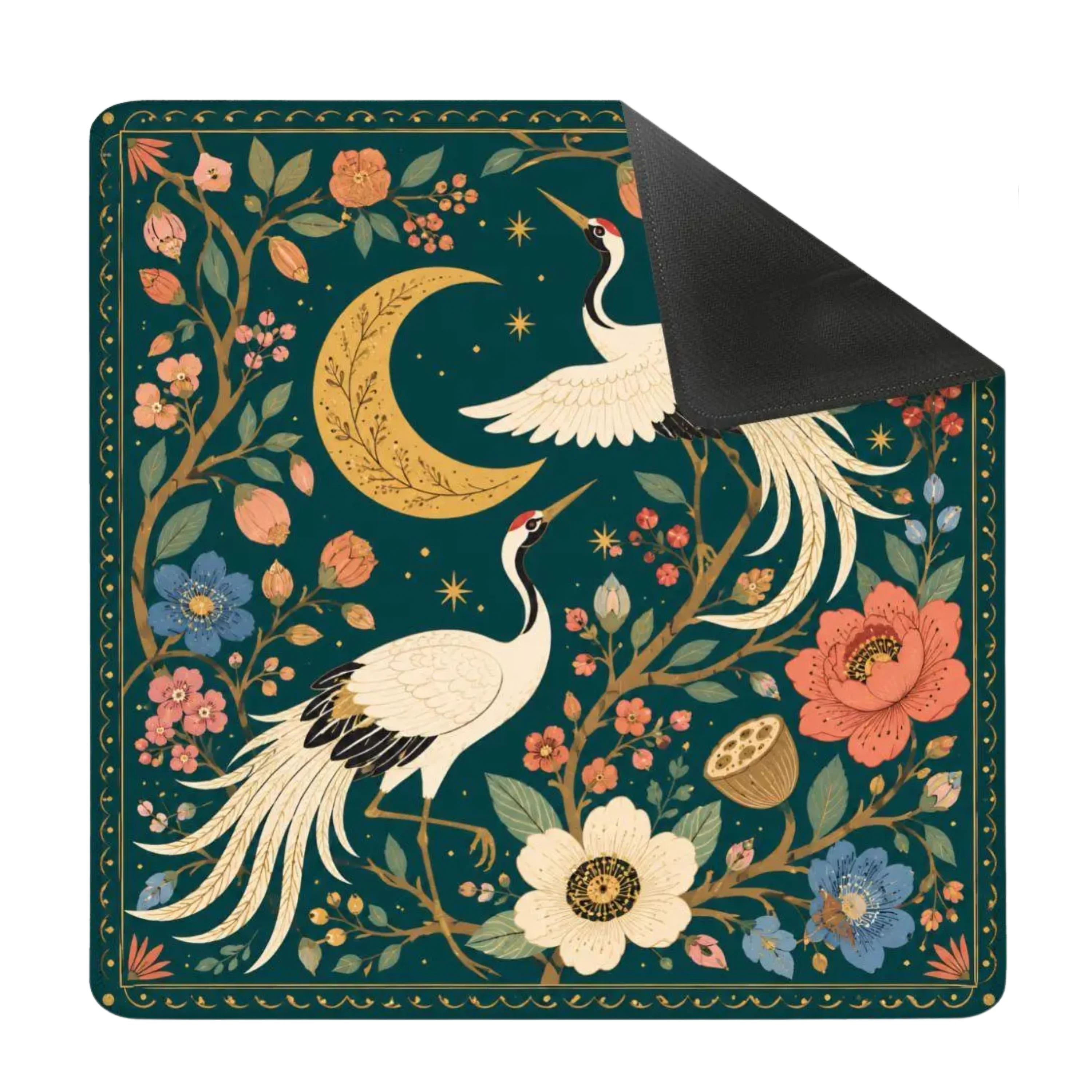 Crane & Moon Mahjong Mat – Floral Chinese Mahjong Table Mat
