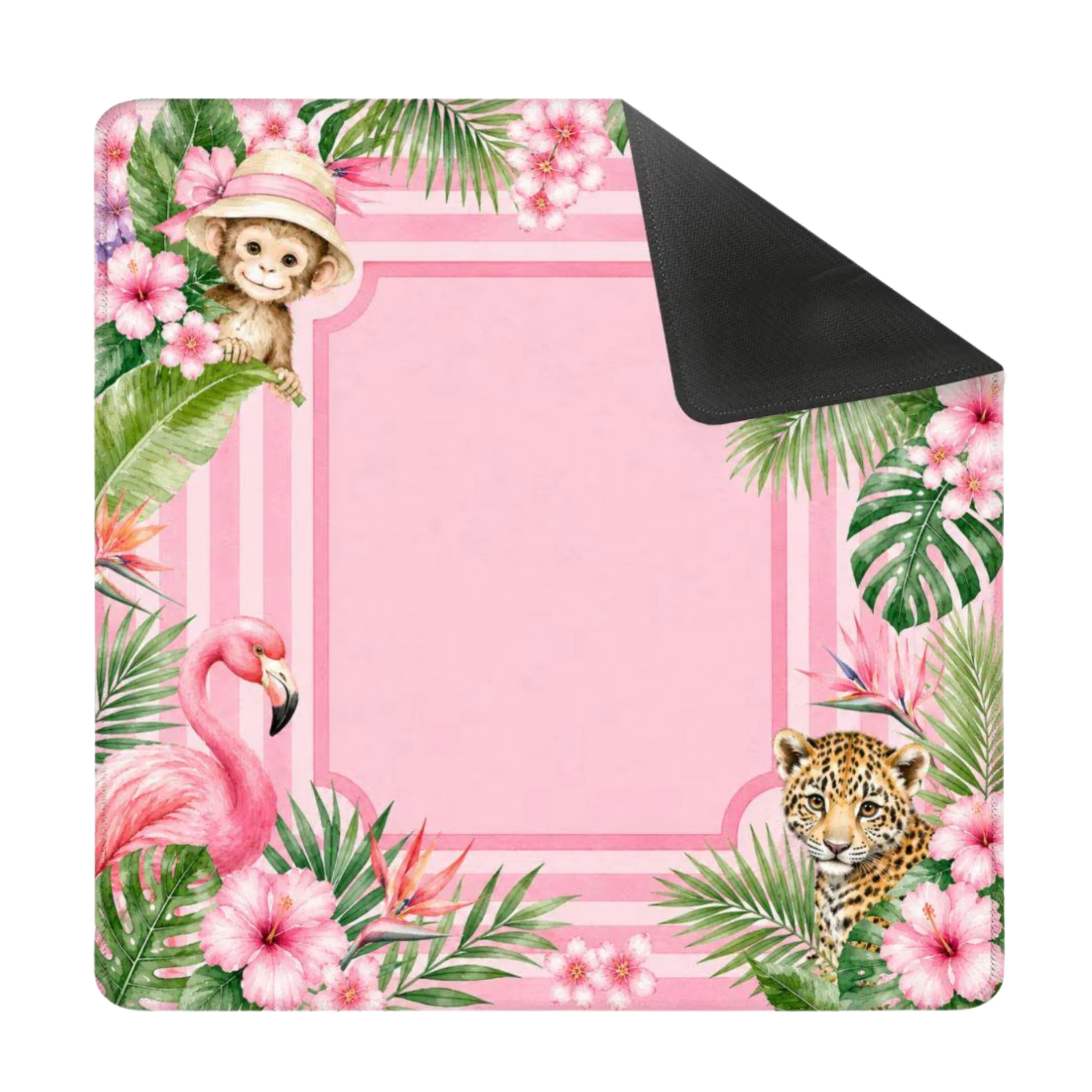 Mahjong Mat 31.5"x31.5" (Ship Rolled up) - Pink Tropical Mahjong Mat with Monkey, Tiger, Flamingo and Leopard Design