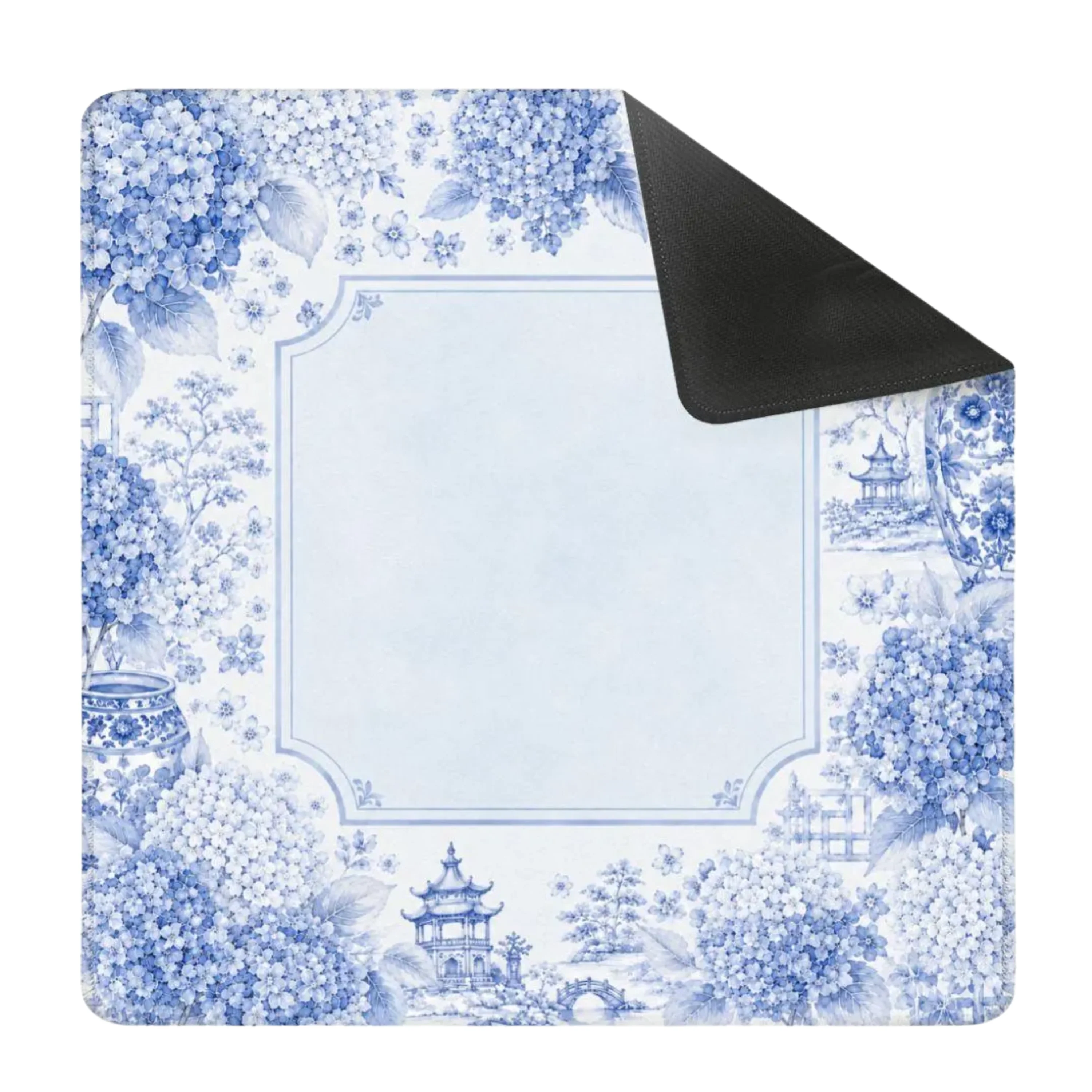 Mahjong Mat 31.5"x31.5" (Ship Rolled up) - Blue Chinoiserie Mahjong Mat with Hydrangea Floral Design