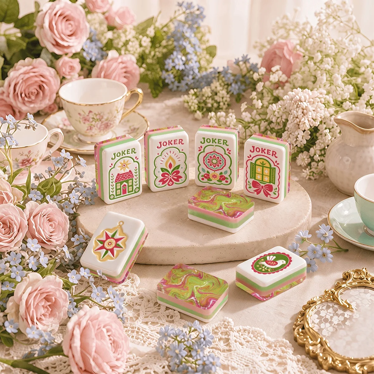 Scandi Folk Art Christmas Mahjong Tiles Pink and Green Swirl