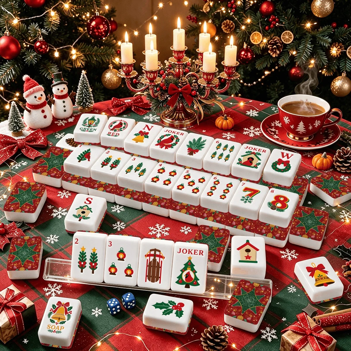 Christmas Cardinal American Mahjong Tiles Traditional Red and Green