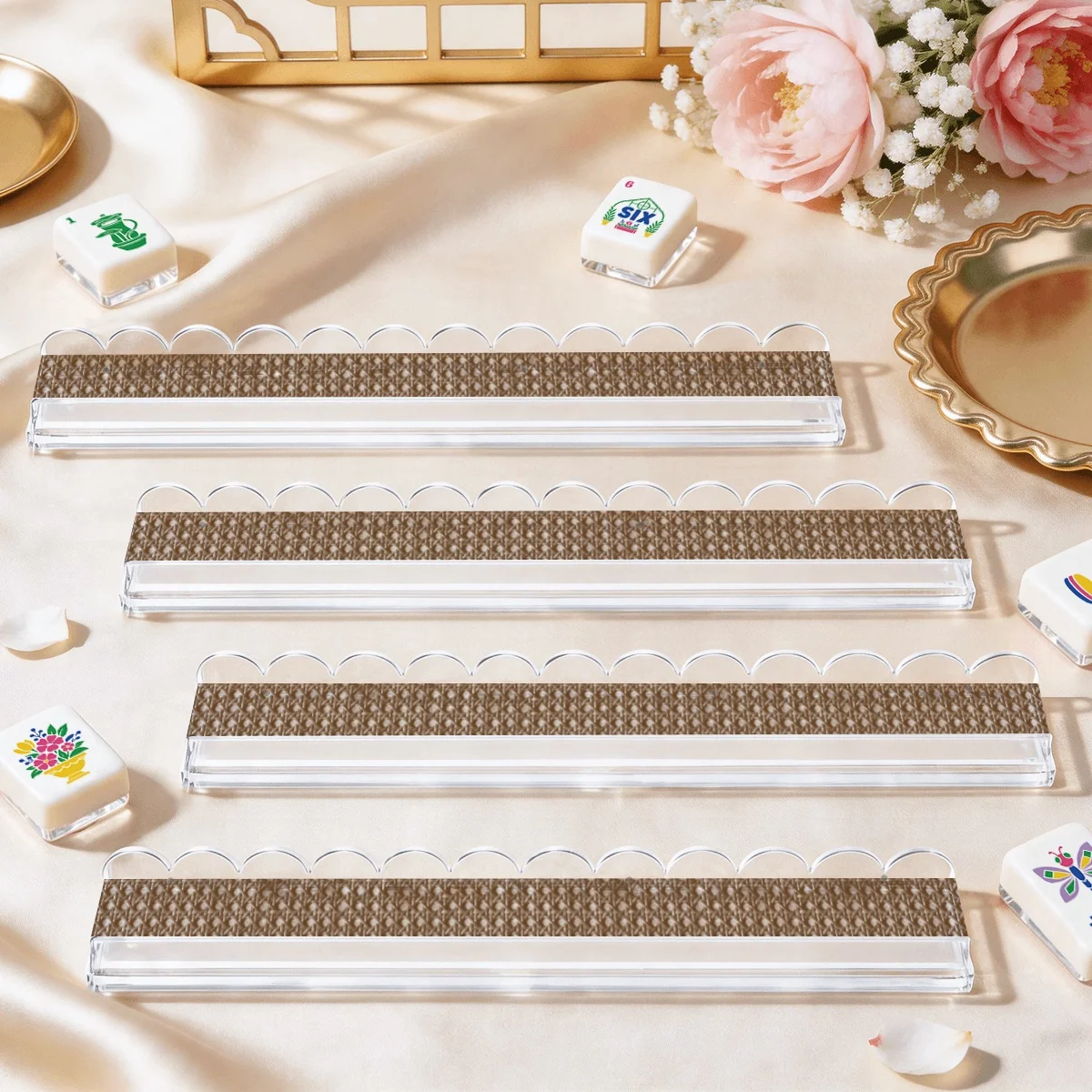 Extended Mahjong Rack Set of 4 Scalloped Magnetic Tile Pusher Brown Rattan