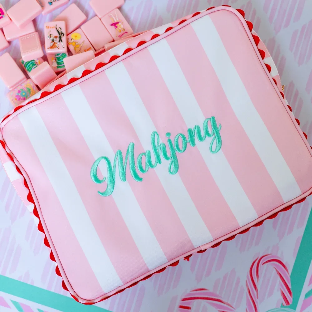 Pink and White Embroidered Mahjong Tile Bag