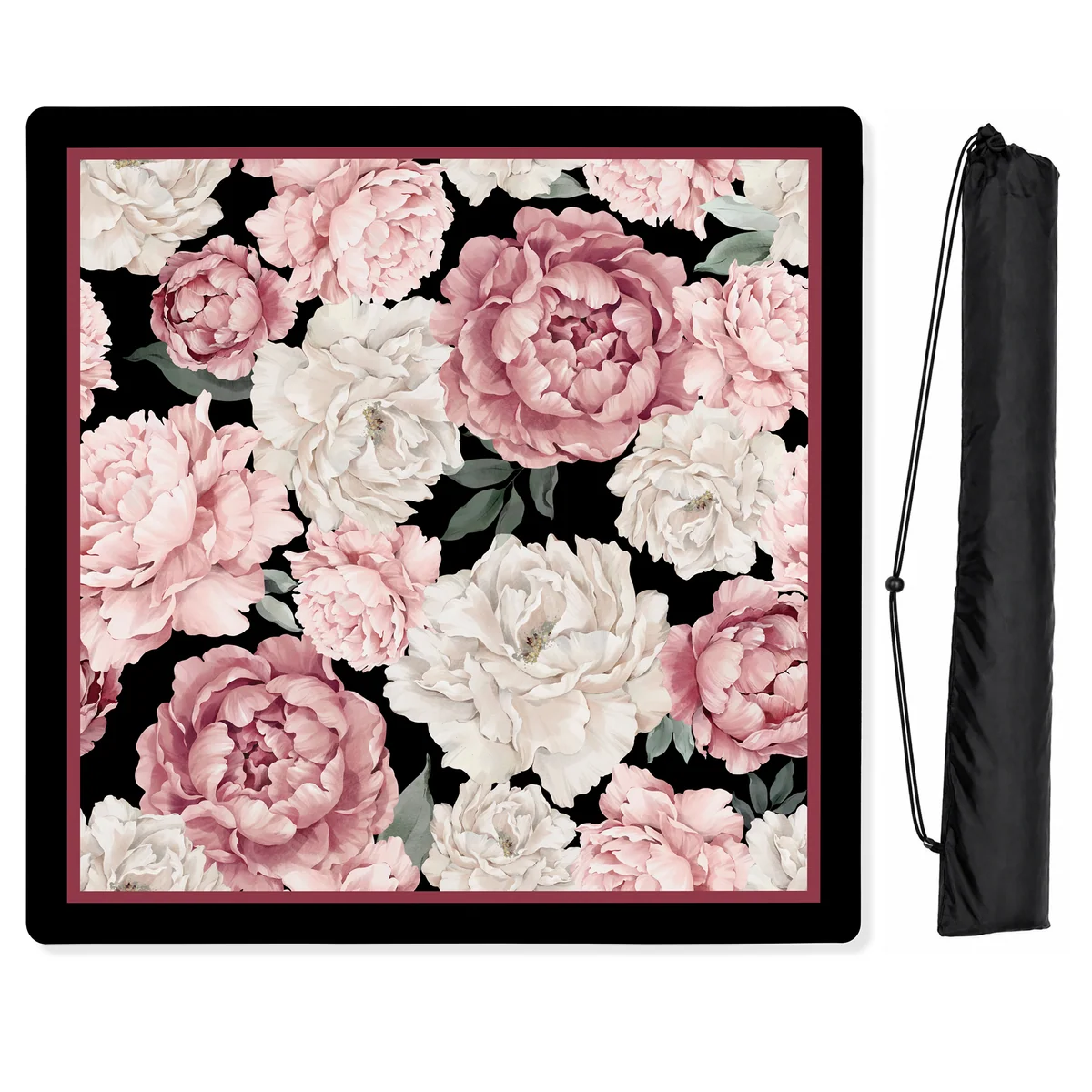 Peony Floral Garden Black and Pink Collection Mahjong Mat for Table - Shipped Rolled
