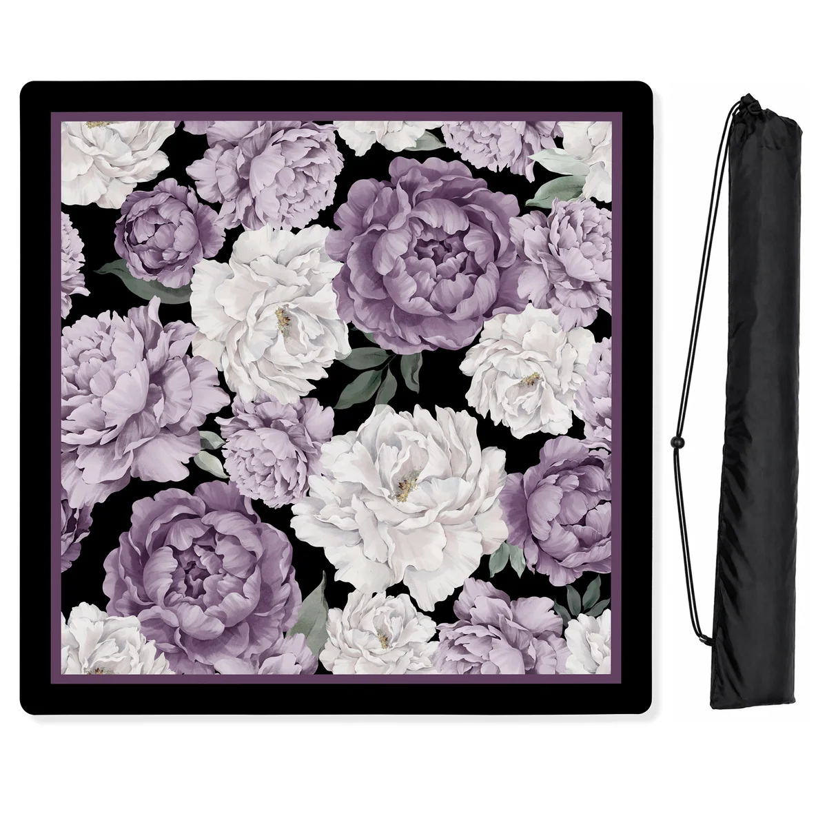 Peony Floral Garden Black and Purple Collection Mahjong Mat for Table - Shipped Rolled