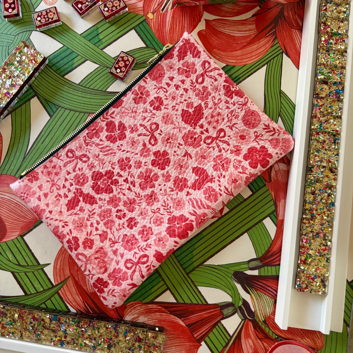 Medium Leather Pouch, DITSY CHRISTMAS, MARASCHINO