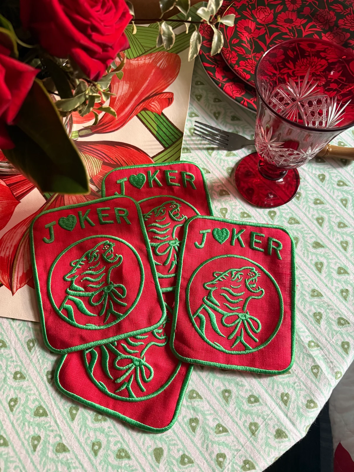 Embroidered Linen Cocktail Napkins- TIGER JOKERS, Red