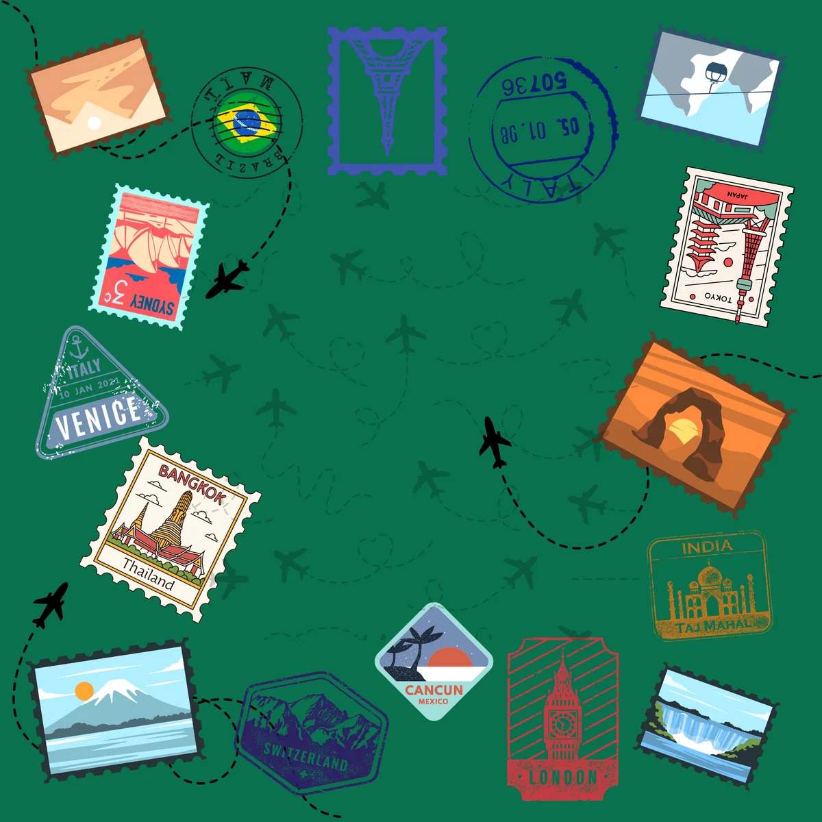 Dark Green Travel Stamps Mahjong Mat