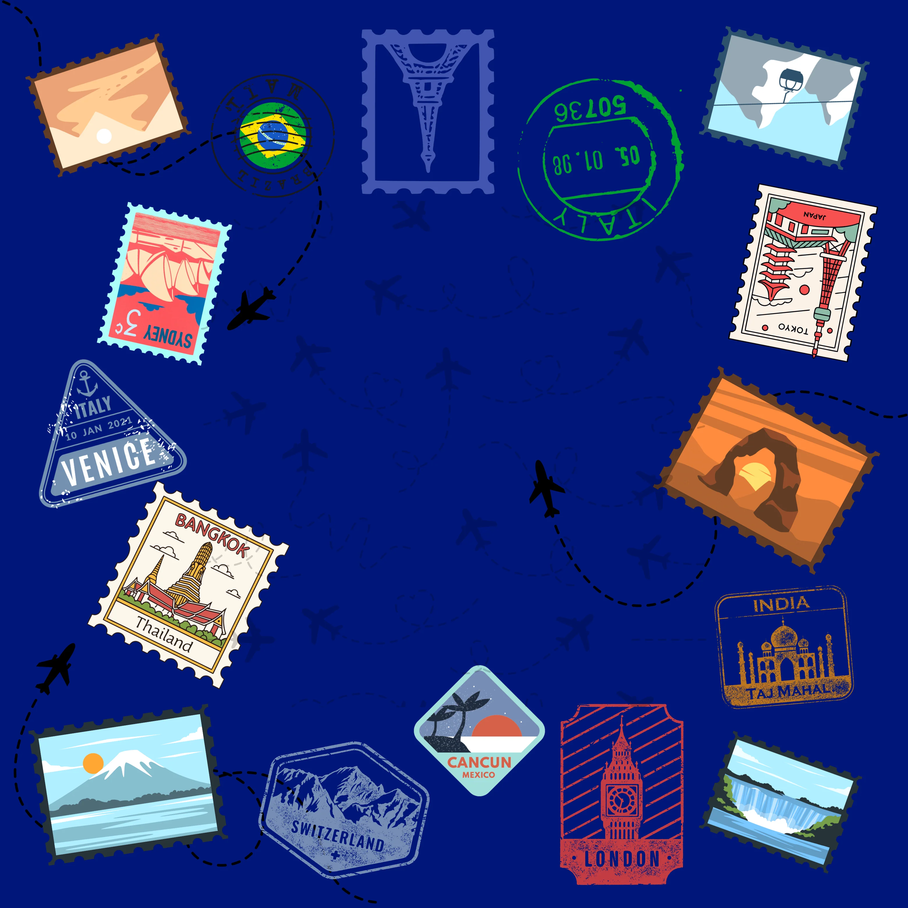 Dark Blue Travel Stamps Mahjong Mat