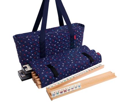 Linda Li Blue Nautical American Mahjong Set - Artisan Collection - Butterfly Series - Fabric Bag - Ivory Tiles and Beechwood Racks