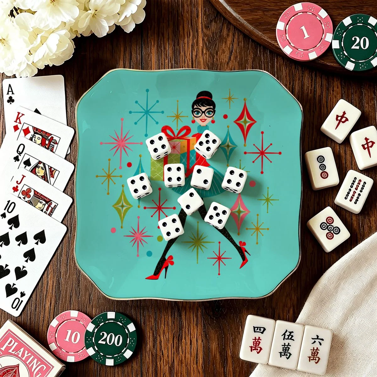 You've Got Mahj Mail Scalloped Ceramic Mahjong Dice Tray new christmas