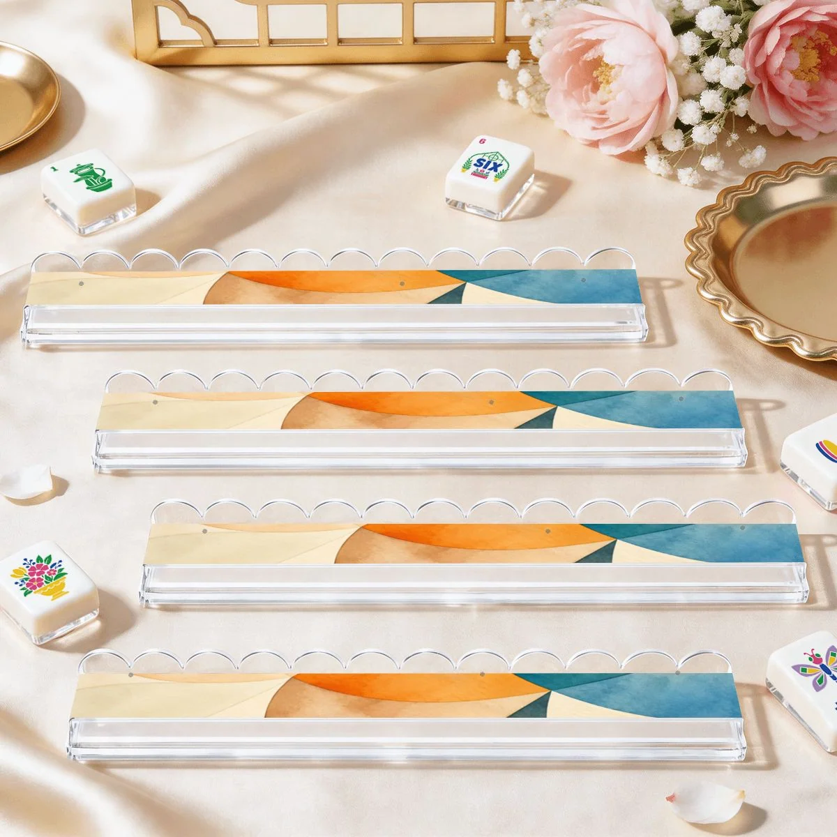 Art Deco Dayz Extended Mahjong Rack Set of 4  Scalloped Magnetic Tile Pusher