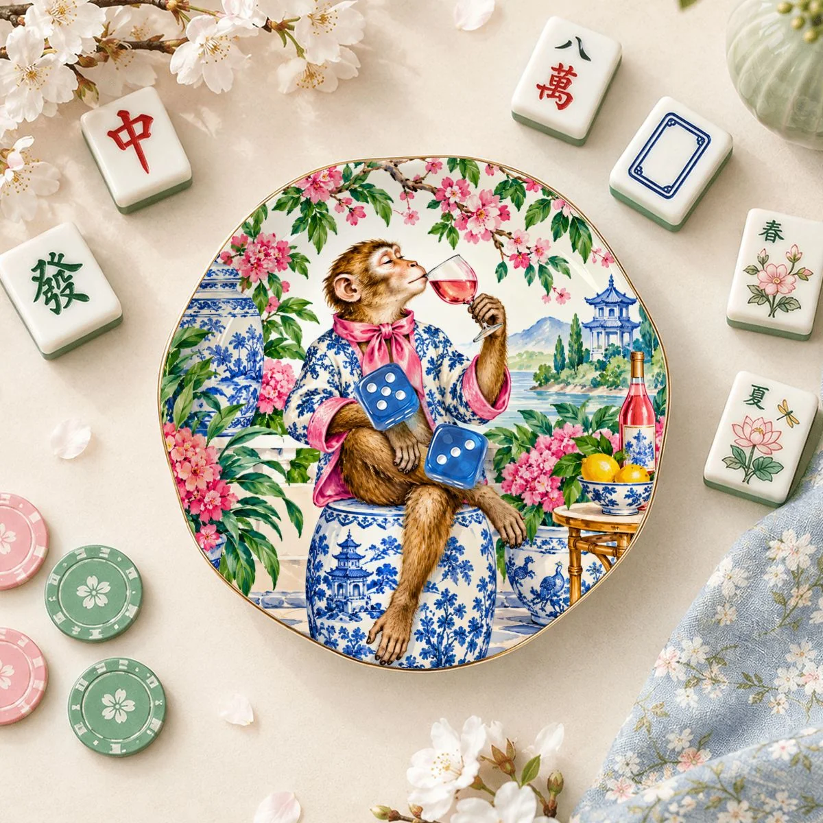 Grandmillenial Chinoiserie Monkey Round Scalloped Ceramic Mahjong Dice Tray