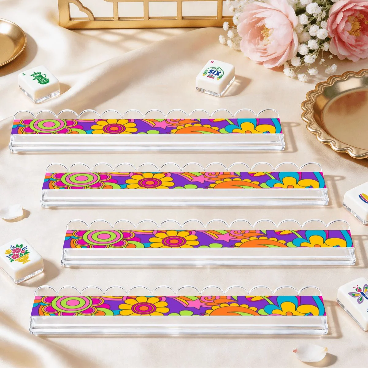 Psychadelic Boom Extended Mahjong Rack Set of 4  Scalloped Magnetic Tile Pusher