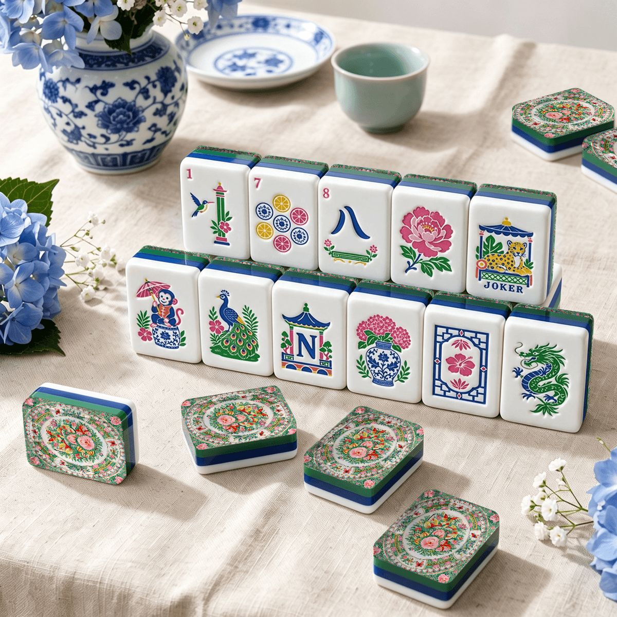 Famille Rose Chinoiserie Chic American Mahjong Tiles And Carry Case