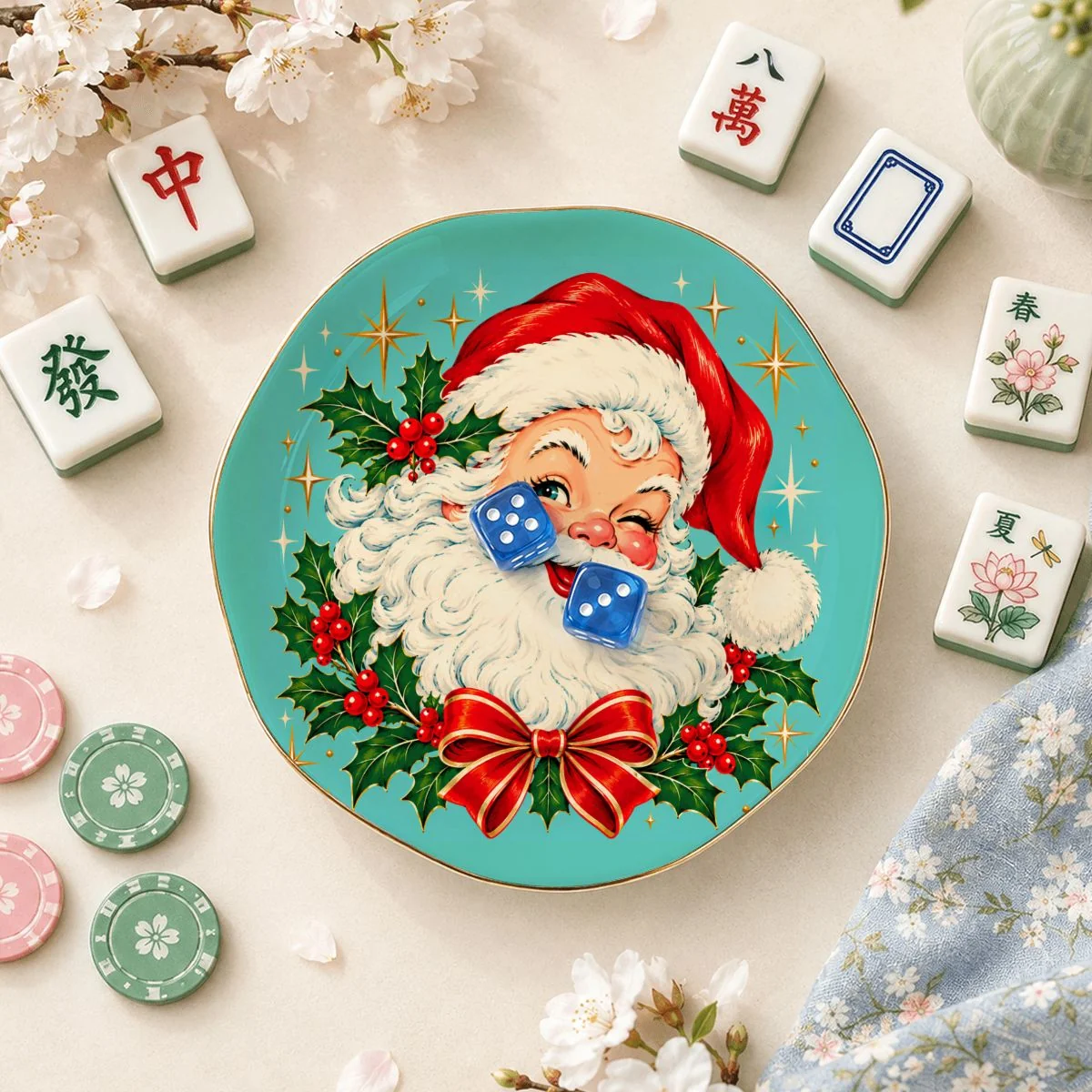 Nostalgic Santa Round Scalloped Ceramic Mahjong Dice Tray