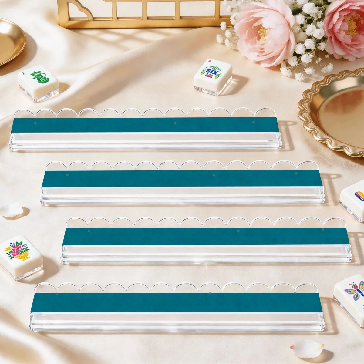Teal Blue Extended Mahjong Rack Set of 4 Scalloped Magnetic Tile Pusher