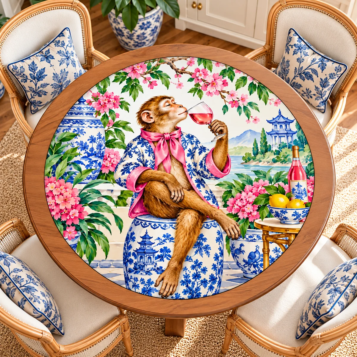 Chinoiserie Monkey Garden Party Round Mahjong Mat