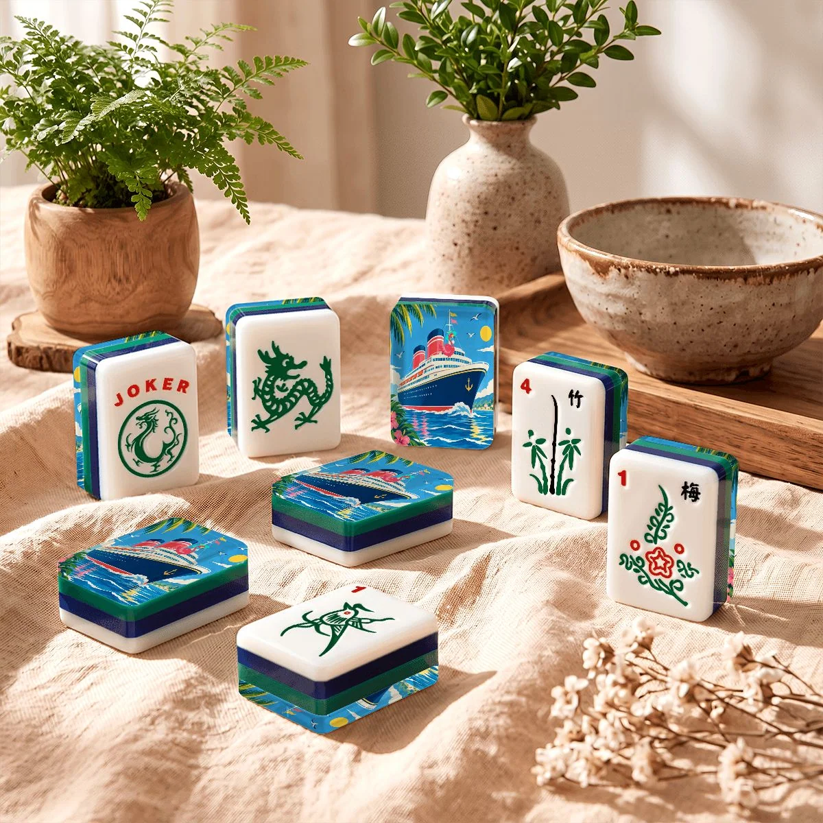 Mahjong Cruise 4Layer American Mahjong Tiles Blue Green And Carry Case
