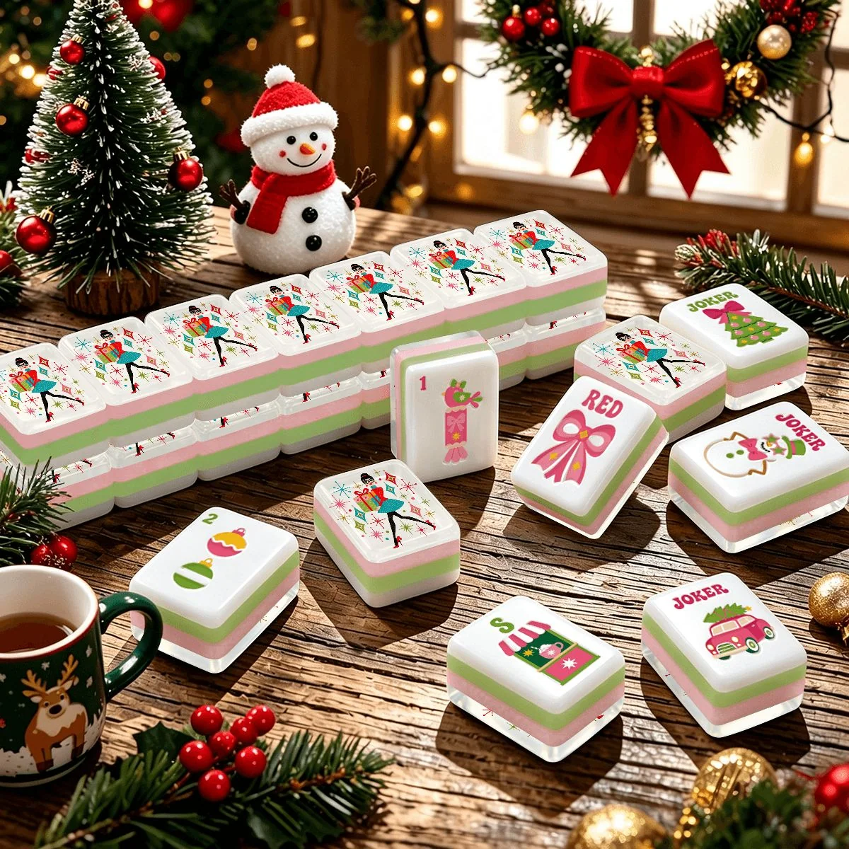 You've Got Mahj Mail Whimsical Nostalgic  Pink Engraved Christmas Mahjong Tiles And Carry Case