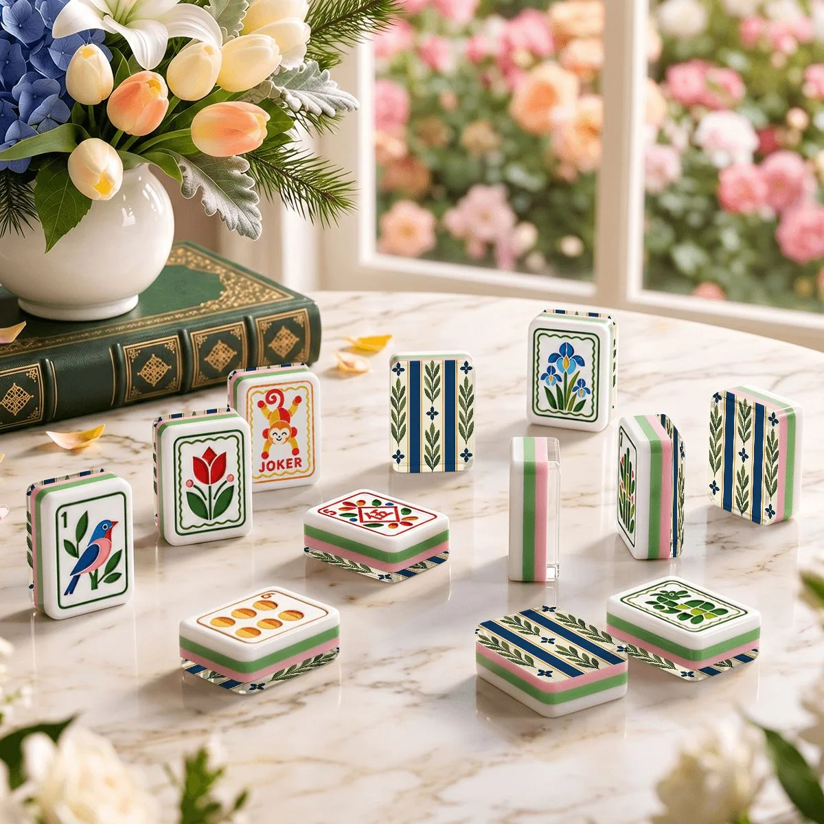 Modern Floral Green And Blue Folk American Mahjong Tiles  4 Layer And Carry Case