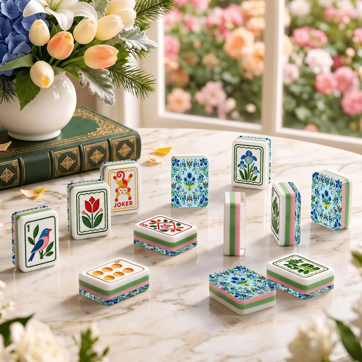 Garden Bell Scandinavian Modern Folk American Mahjong Tiles  4 Layer And Carry Case