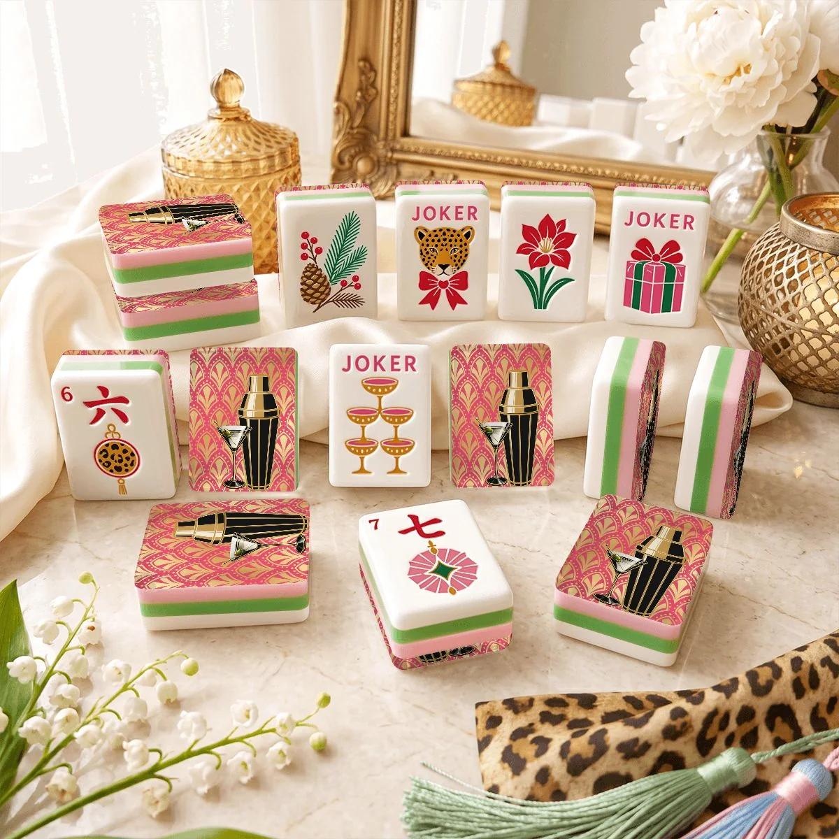 Art Deco Martini And Shaker Holiday 4 Layer Glam Holiday American Mahjong Tiles And Carry Case
