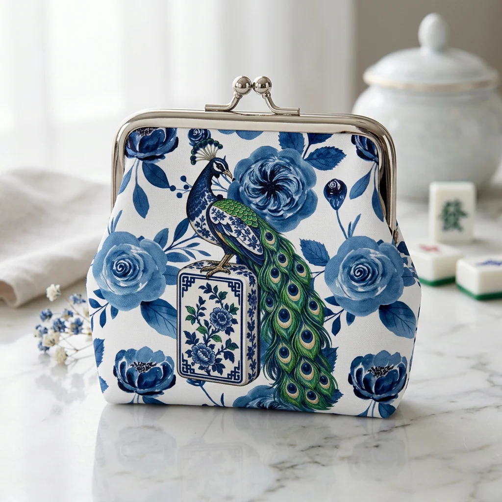 Proud As A Peacock Blue Chinoiserie Mahjong Women's Leather Kiss Lock Coin Purse