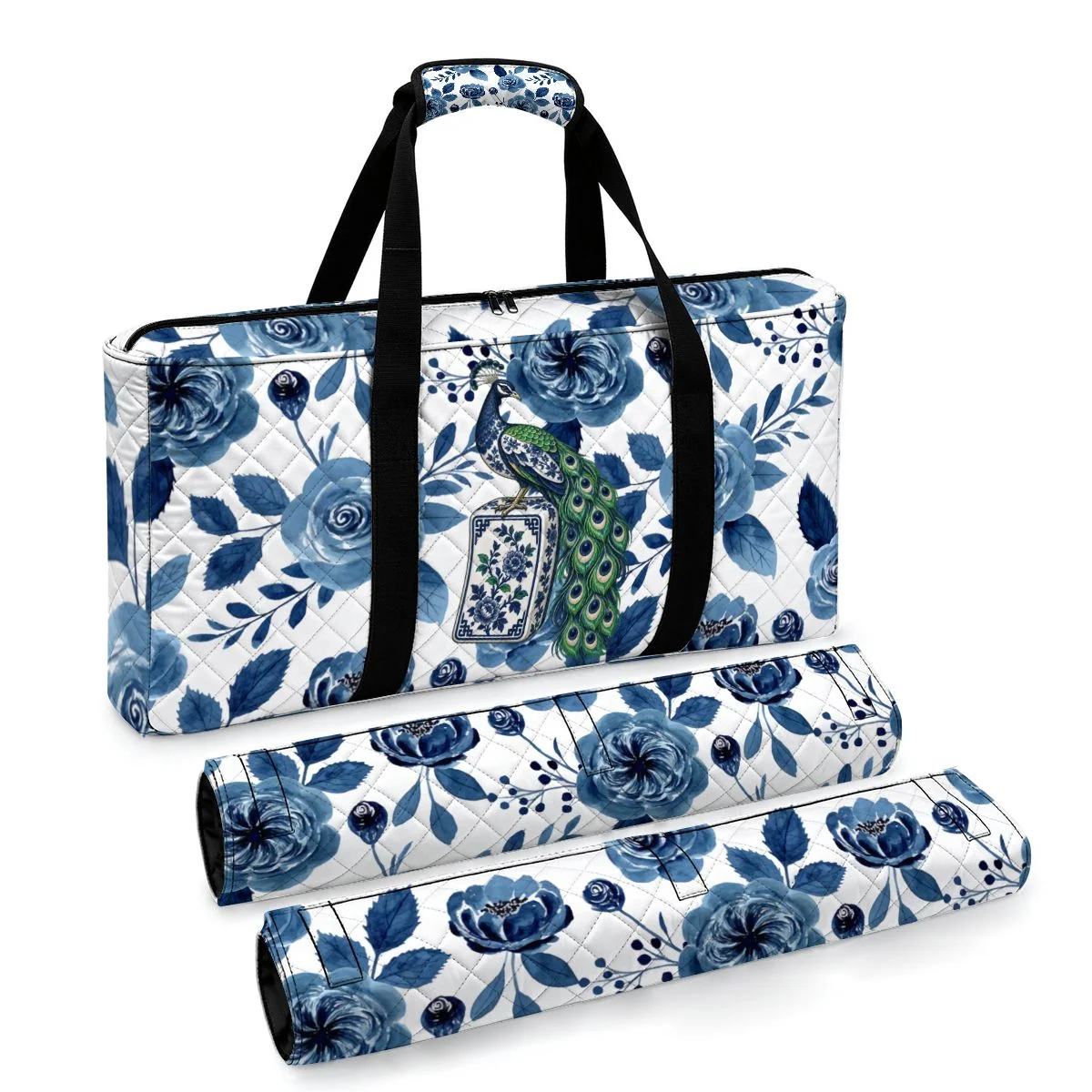 Bam Bird Floral Chinoiserie Quilted Mahjong Bag Set 3 Pcs