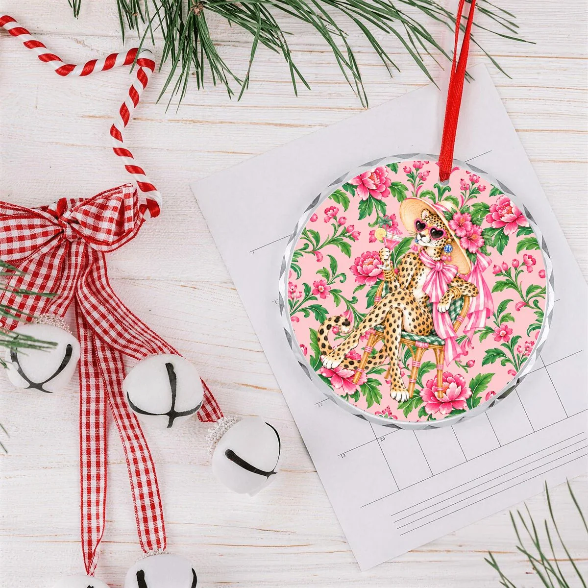 Glam Sipping Leopard Luxe Round Glass Christmas Ornament