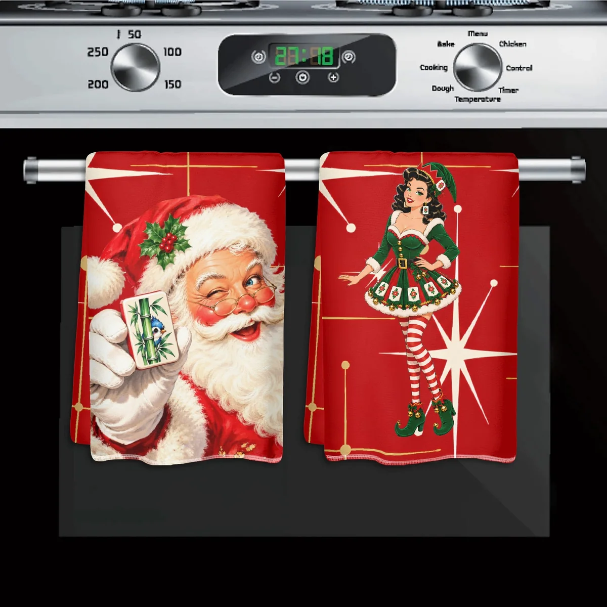 Mahjong Festive Kitchen Towels, Nostalgic Santa And Madge