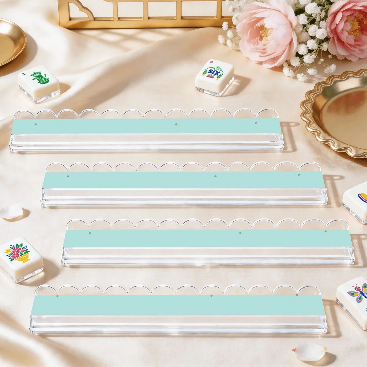 Misty Blue Extended Mahjong Rack Set of 4  Scalloped Magnetic Tile Pusher