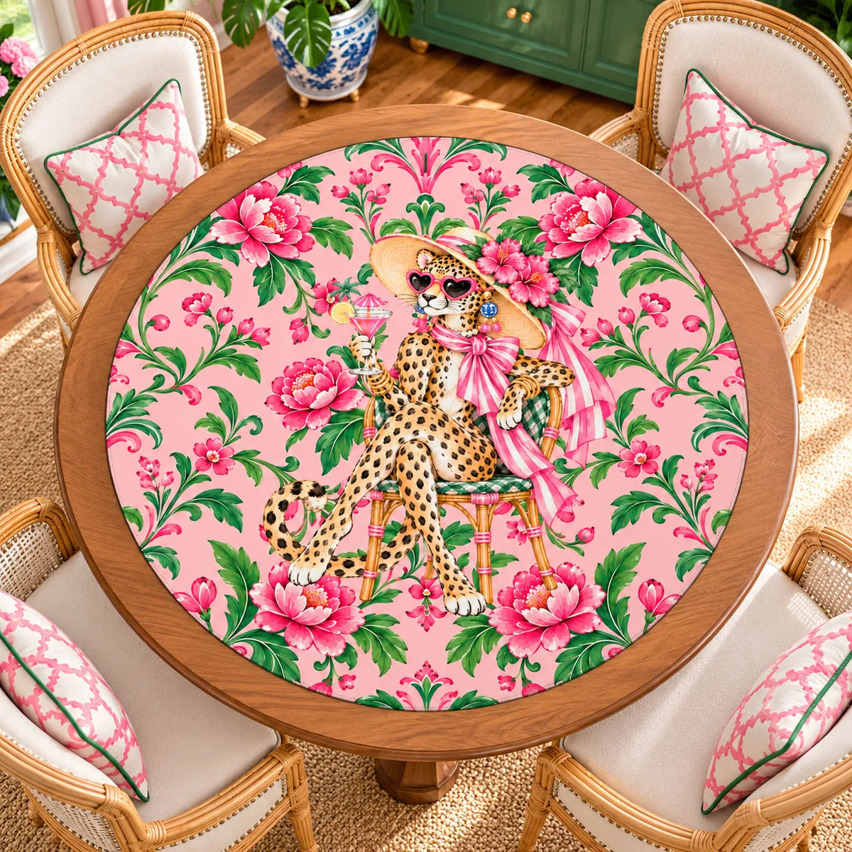 Chinoiserie Chic Leopard Round Mahjong Mat