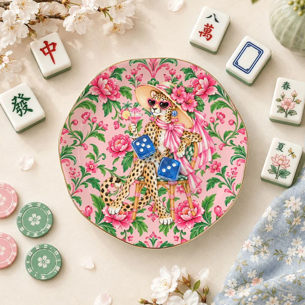 GrandMillenial Chic Leopard Round Scalloped Ceramic Mahjong Dice Tray