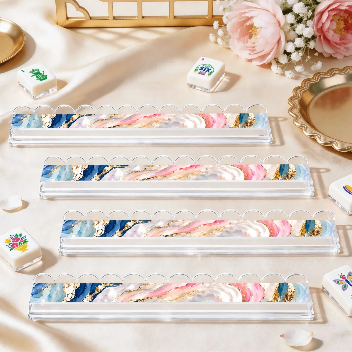 Pearls Of Mahj Extended Mahjong Rack Set of 4 Scalloped Magnetic Tile Pusher