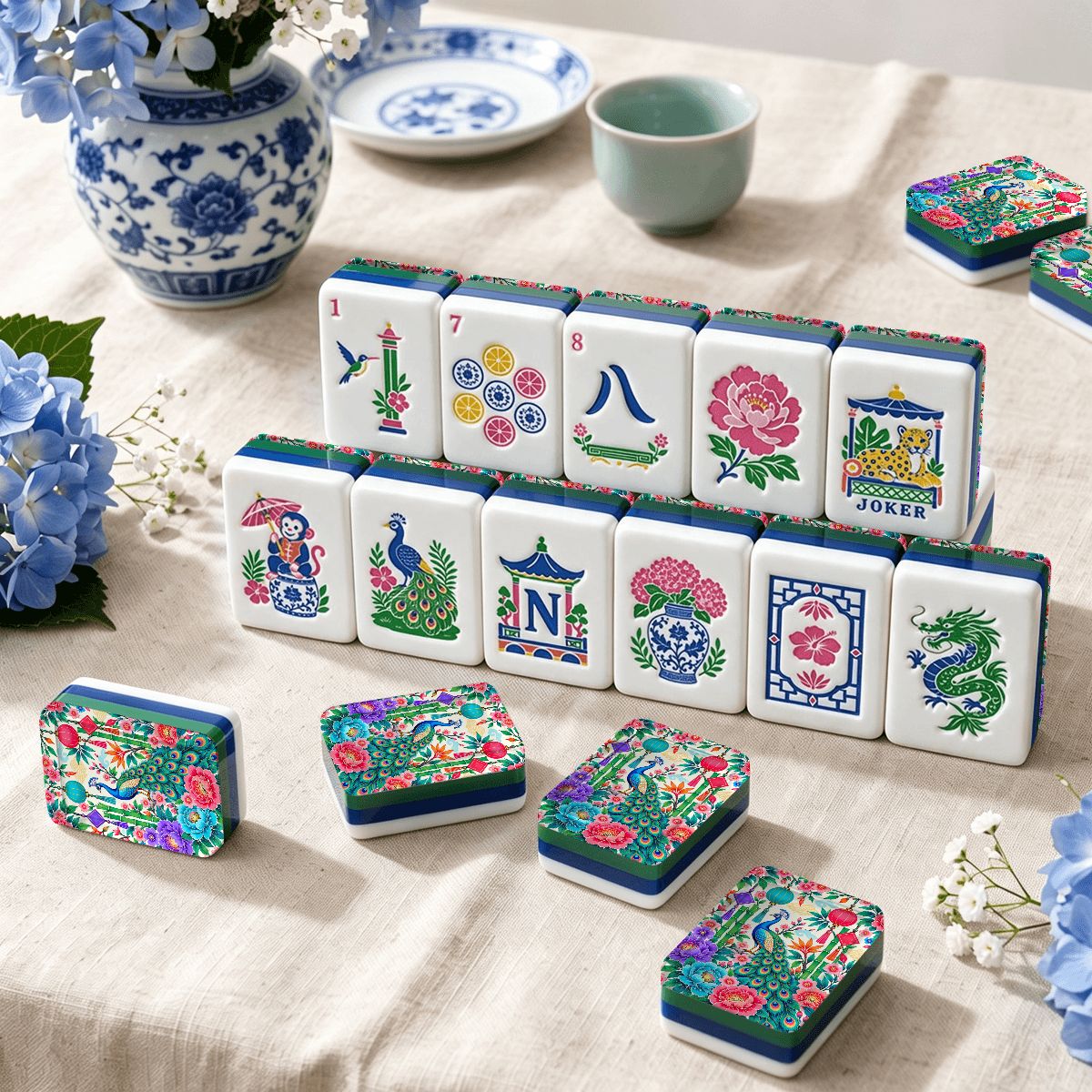 Peony & Peacock Chinoiserie Chic American Engraved Layered Mahjong Tiles