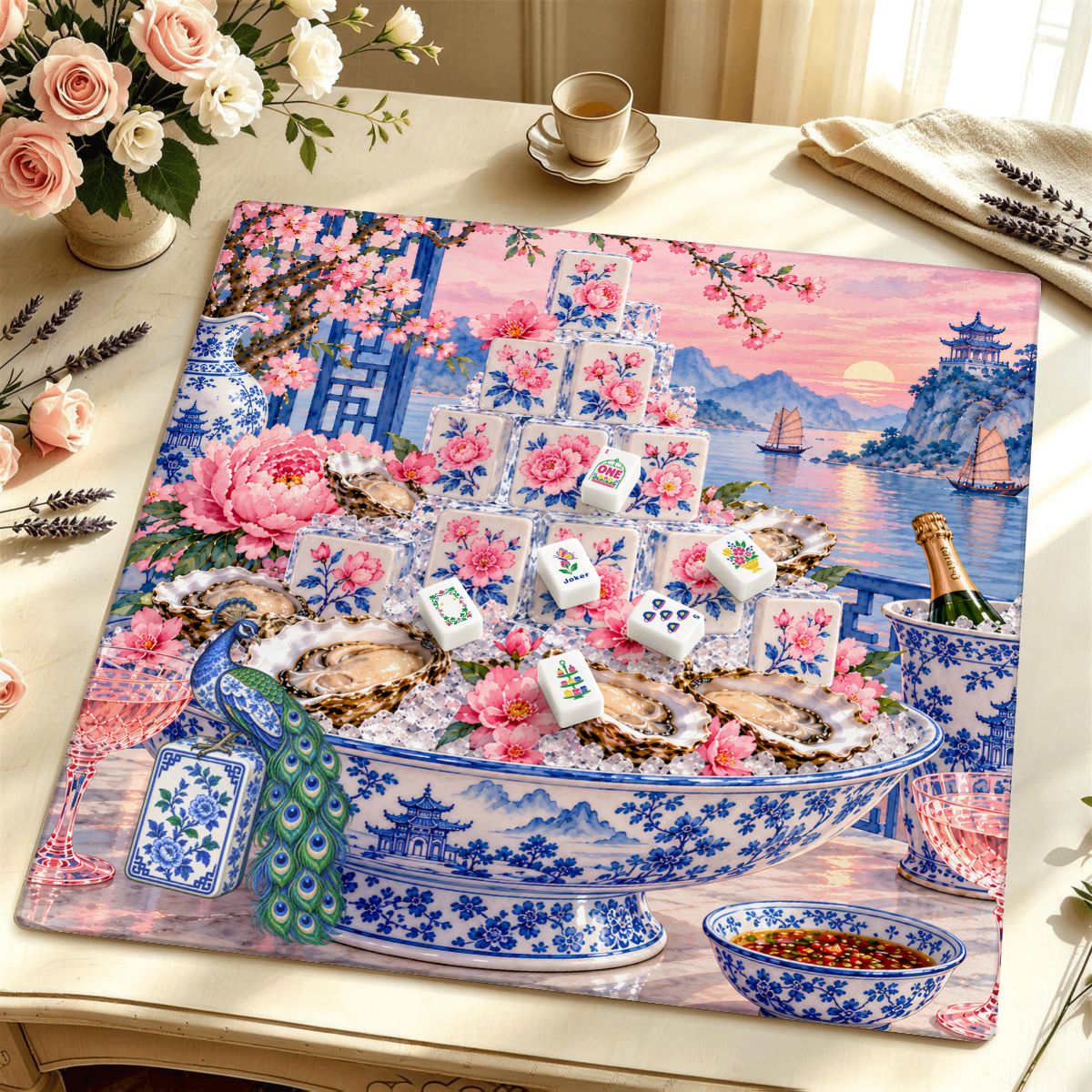 Pearls of the Mahj Sea Oyster Mahjong Mat Sleek Surface