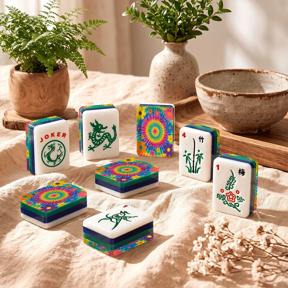 Psychedelic Tie-Dye 4-Layer American Mahjong Tiles – Blue & Green with Carry Case