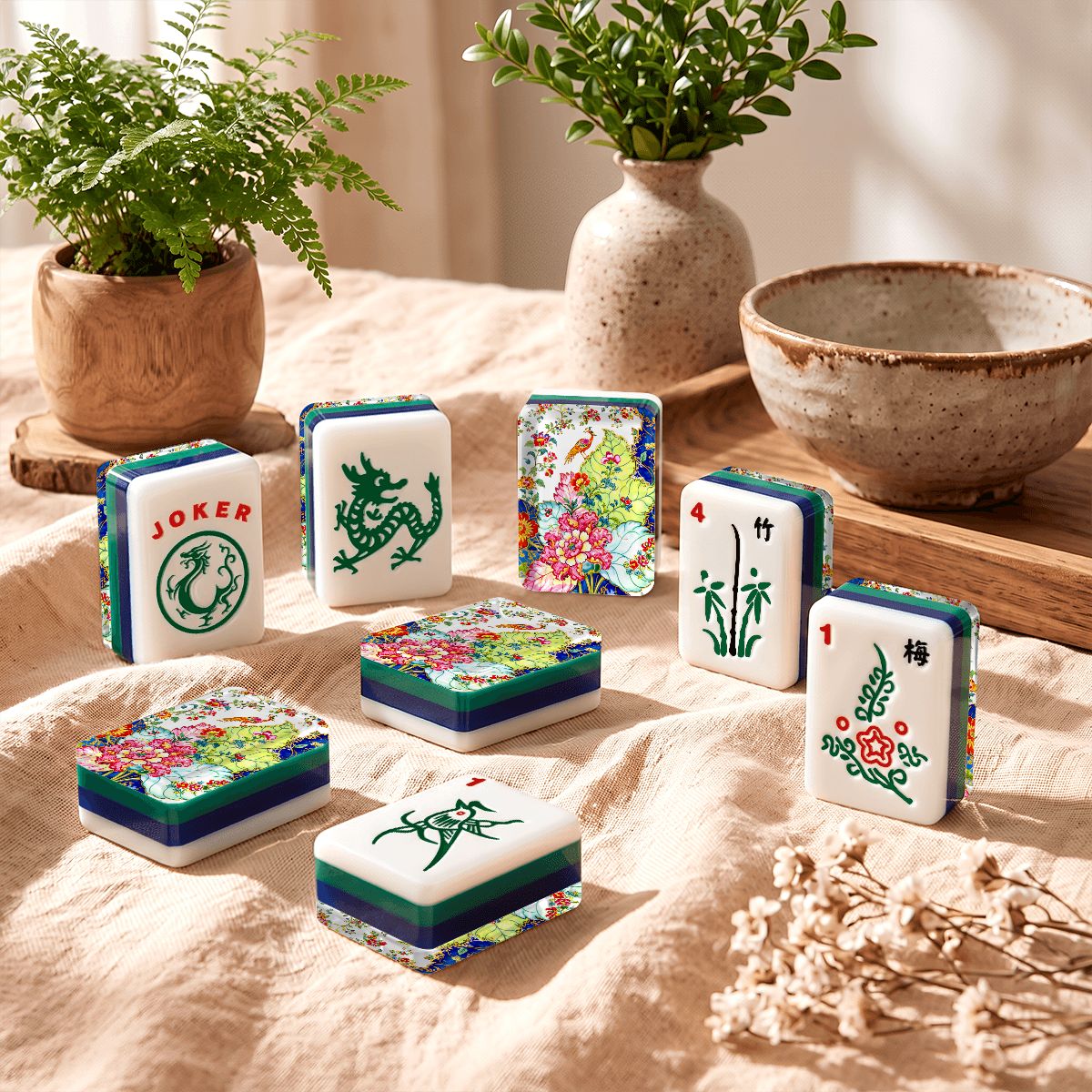 Tobacco Leaf 4Layer American Mahjong Tiles Blue Green With Carry Case