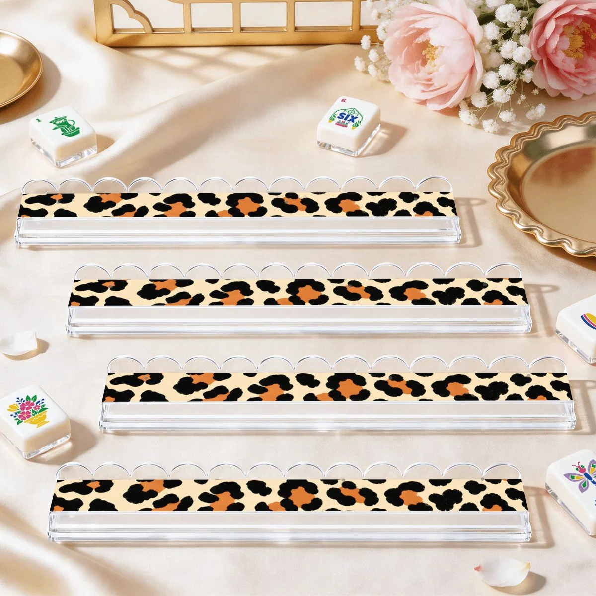 Leaopard Print Wild Thing Extended Mahjong Rack Set of 4  Scalloped Magnetic Tile Pusher
