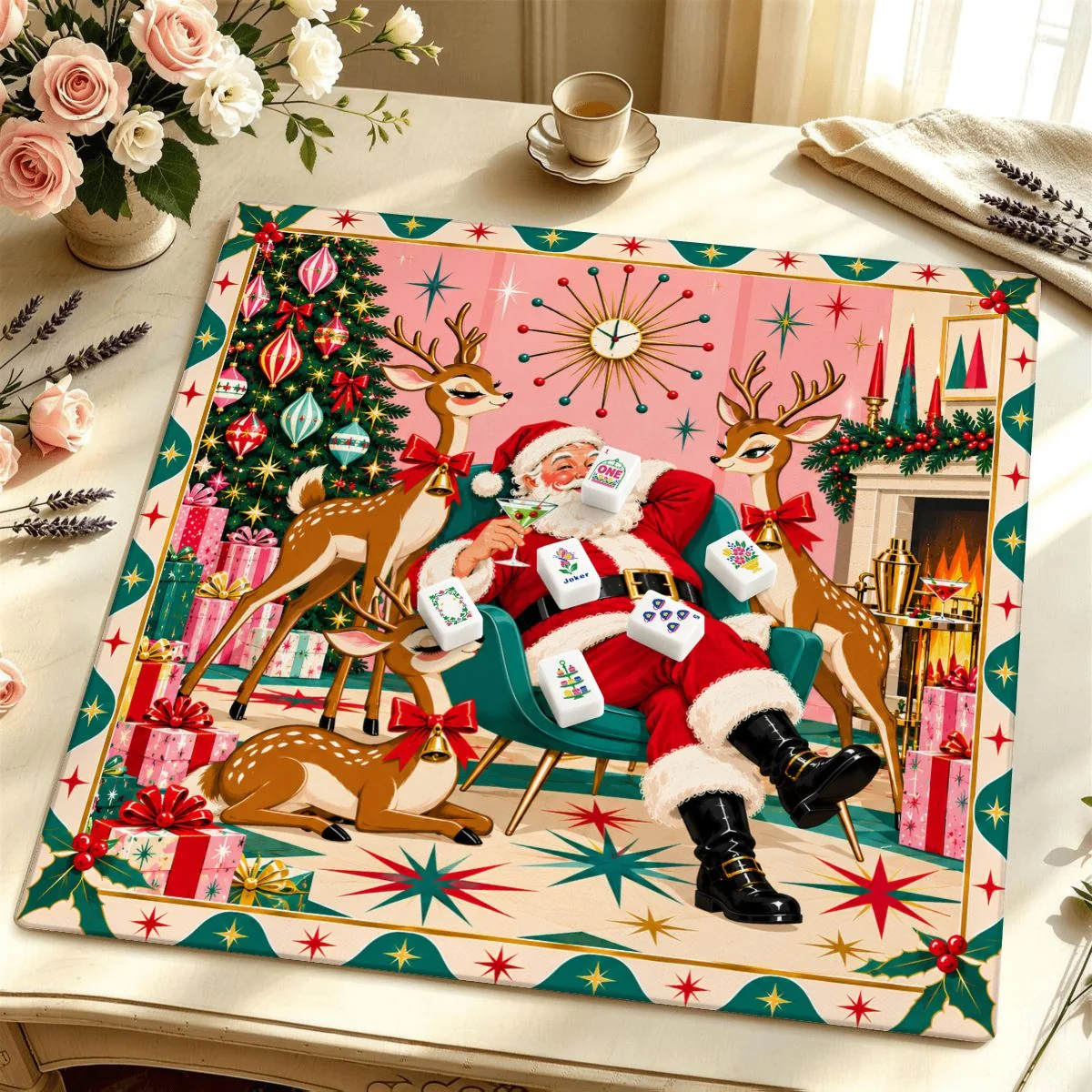 Santa Baby’s Cocktail Hour Mahjong Mat Sleek Surface
