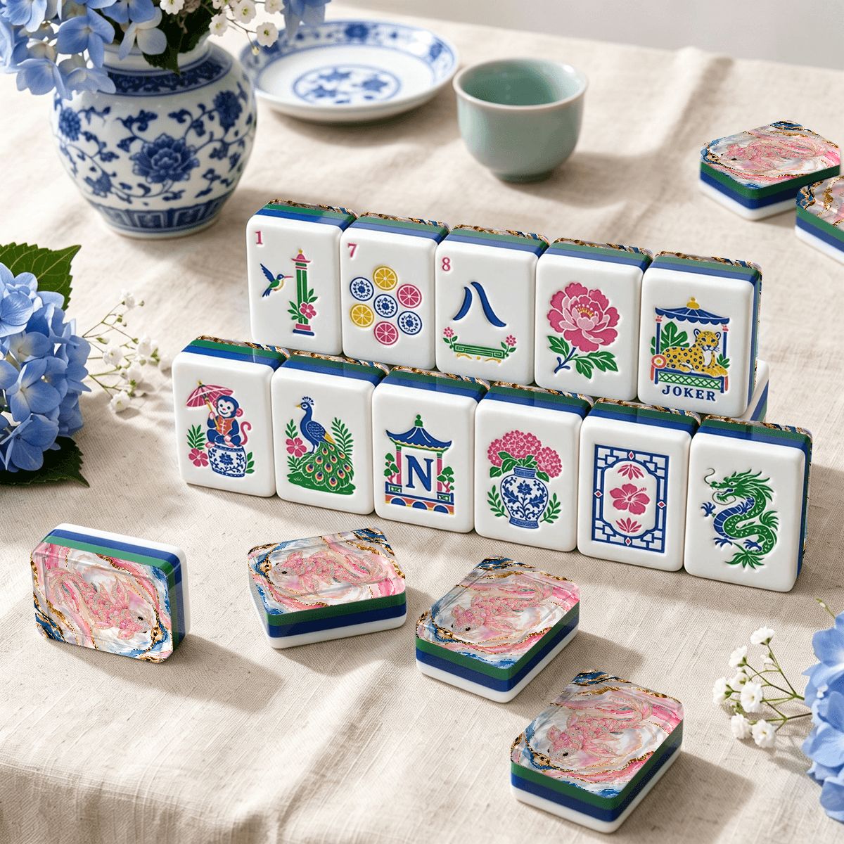 BeJeweled Koi Fish Chinoiserie Chic American Mahjong Tiles And Carry Tote