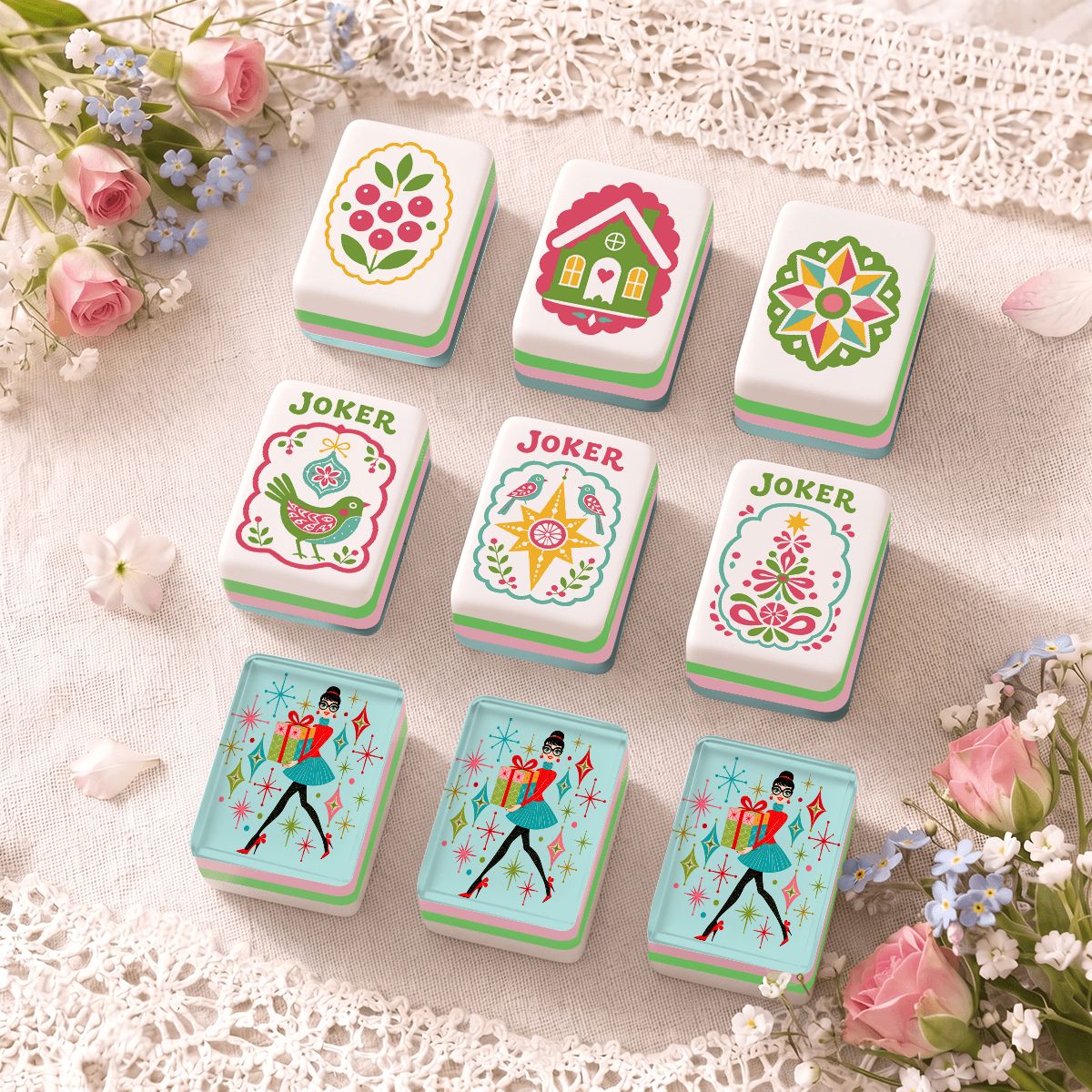 You've Got Mahj Mail Whimsical Scandi Folk Art Christmas Mahjong Tiles  And Carry Tote