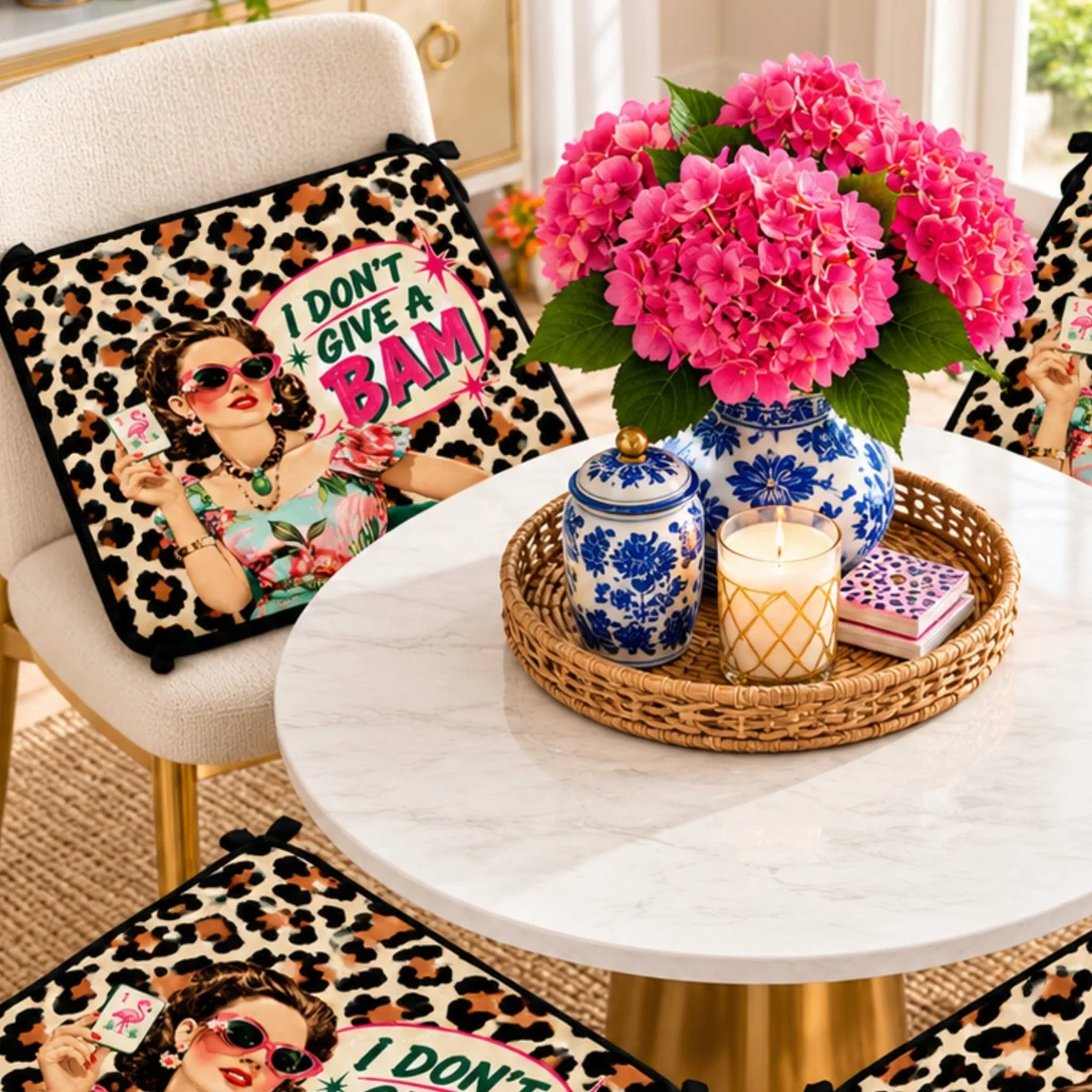 Funny Mahjong, I Don't Give A Bam Leopard Print Quilted Chair Cushion