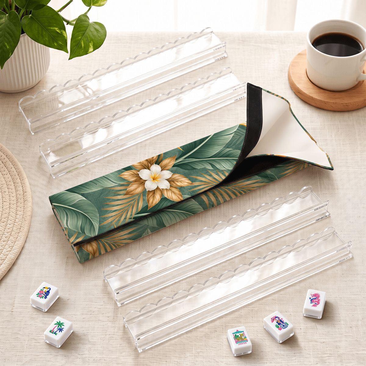 Lotus Botanical Bag Extended Mahjong Clear Rack Set 4pcs Scalloped Pushers