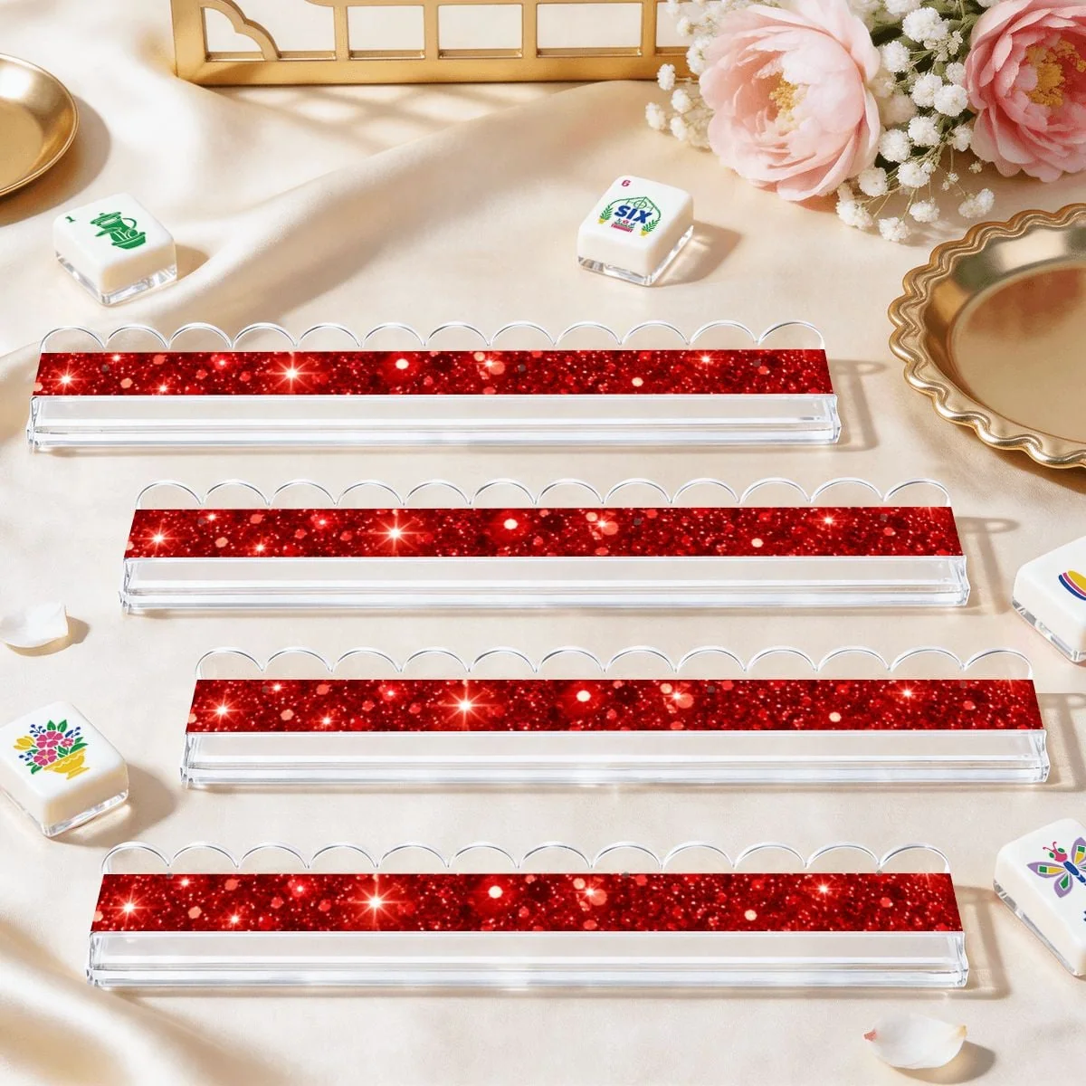 Putting On The Glitz Red Extended Mahjong Rack Set of 4  Scalloped Magnetic Tile Pusher