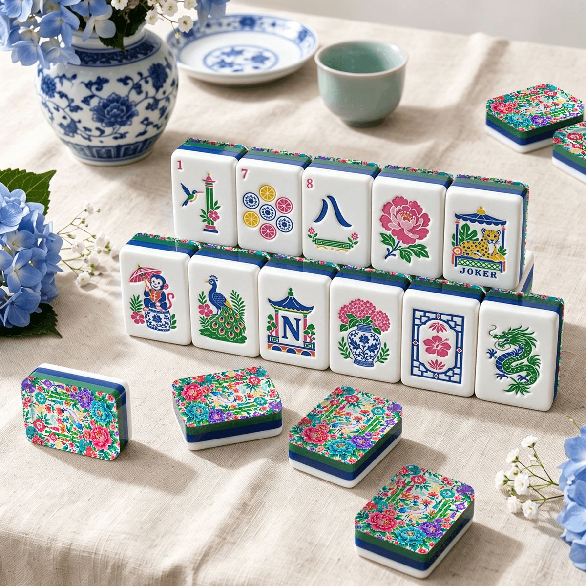 Peony & Parasol Chinoiserie Chic American Engraved Layered Mahjong Tiles